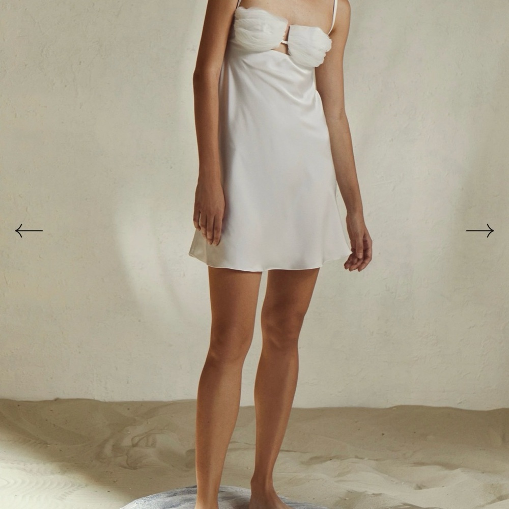 Classic mini White Satin slip dress with seafoam-toned bra top A-line silhouette